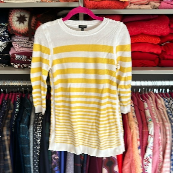 Talbots Sweaters - Talbots 3/4 quarter sleeved crew neck yellow/white striped sweater. Size SP. NWT